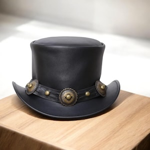 Black Leather Top Hat| Steampunk Cowboy Hat with Bronze Conchos| Handmade Victorian Gothic Festival Hat| Gift for Him| Gothic YHat | Men Hat