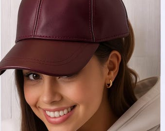 Maroon Real Leather Hat, Handmade Baseball Cap for Men and Women, Streetwear Style