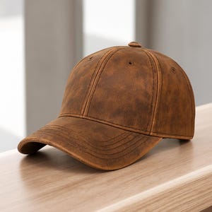 Puede incluir: Gorra de béisbol marrón con visera curva. La gorra tiene un aspecto de cuero envejecido con detalles de costura visibles. La corona presenta un botón en la parte superior y orificios de ventilación. El sombrero está sobre una superficie de madera.
