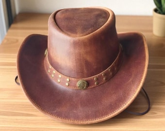 Handmade Distressed Leather Cowboy Hat: Buffalo Concho Western Outback Style