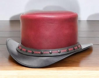Two-Tone Leather Steampunk Top Hat: Red & Black Gothic Cosplay