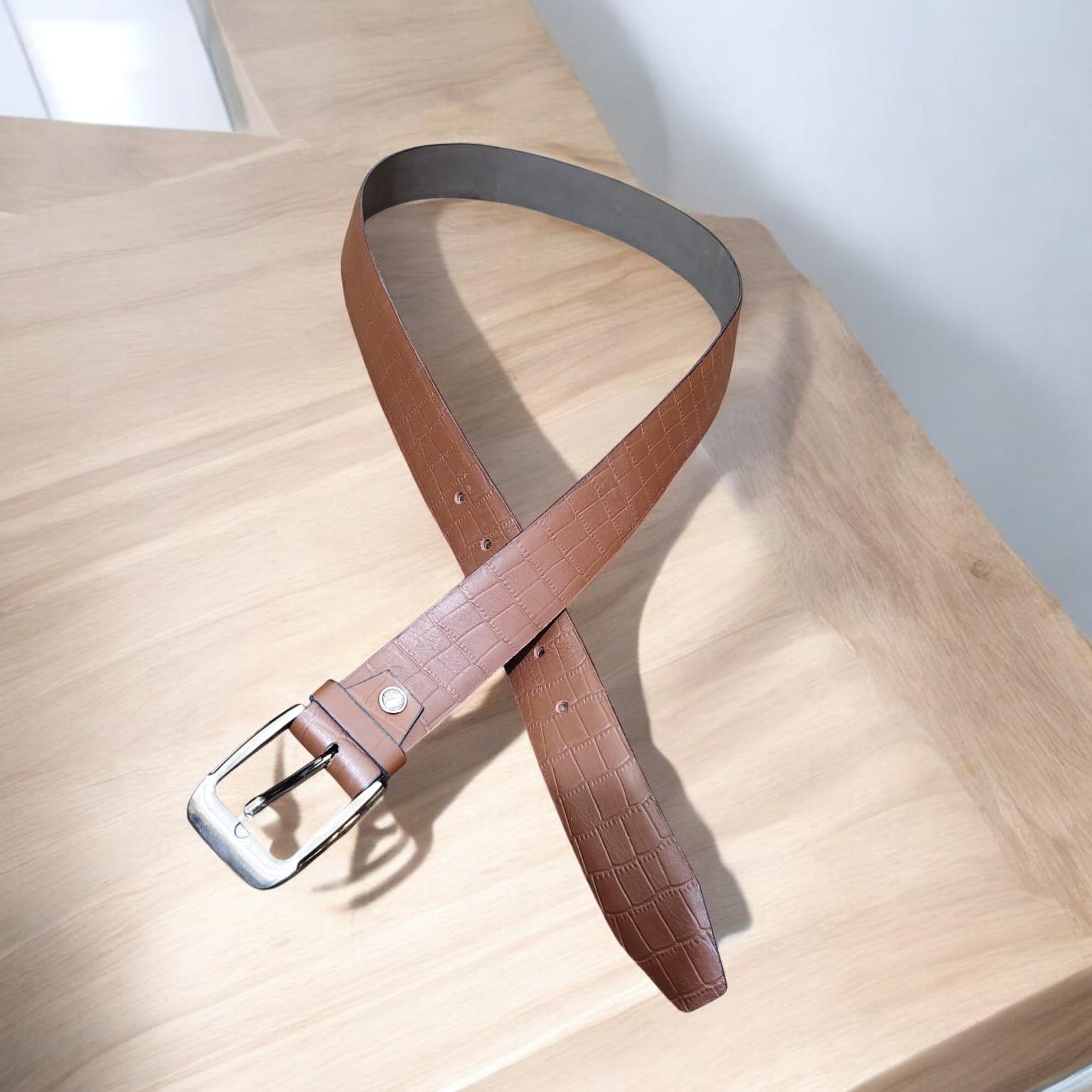 Handmade Leather Belt, Crocodile Embossed, Brown Cowhide 