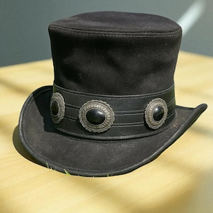 Men’s Black Leather Top Hat | Gothic Steampunk Hat | Cowboy Western Hat | Genuine Leather Fedora | Adjustable Buckle Hat
