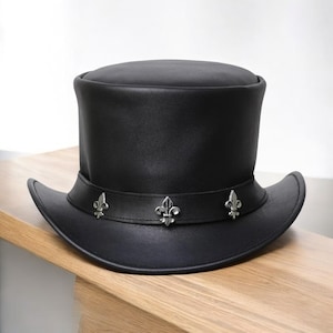 Handmade Black Leather Top Hat with Fleur-de-Lis Accents, Steampunk Victorian Costume, Gothic Western Cowboy Festival Hat for Men & Women