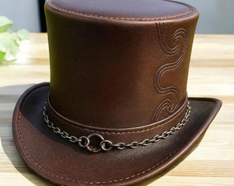 Steampunk Leather Top Hat: Gothic Chain, Victorian Festival, Handmade