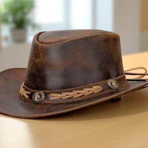 Handmade Vintage Style Fedora | Men Brown Leather Outback Hat | Western Cowboy Hat | Distressed Leather Bush Hat | Gift for Him | Rustic Hat