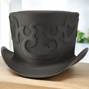 Men Black Leather Top Hat | Gothic Steampunk Flame Hat | Handmade Cowboy Hat |Top Hat | Festival Hat | Genuine Cowhide Leather |Gift for him