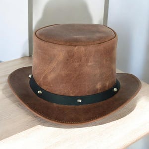 Handmade Victorian Style Cowboy Hat | Brown Leather Steampunk Top Hat with Studded Black Band | Vintage Festival Headwear
