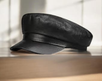 Militär Kappe, Echtes Leder, Schwarzer Handgemachter Hut, Klassischer Armee Stil Verstellbar Mode