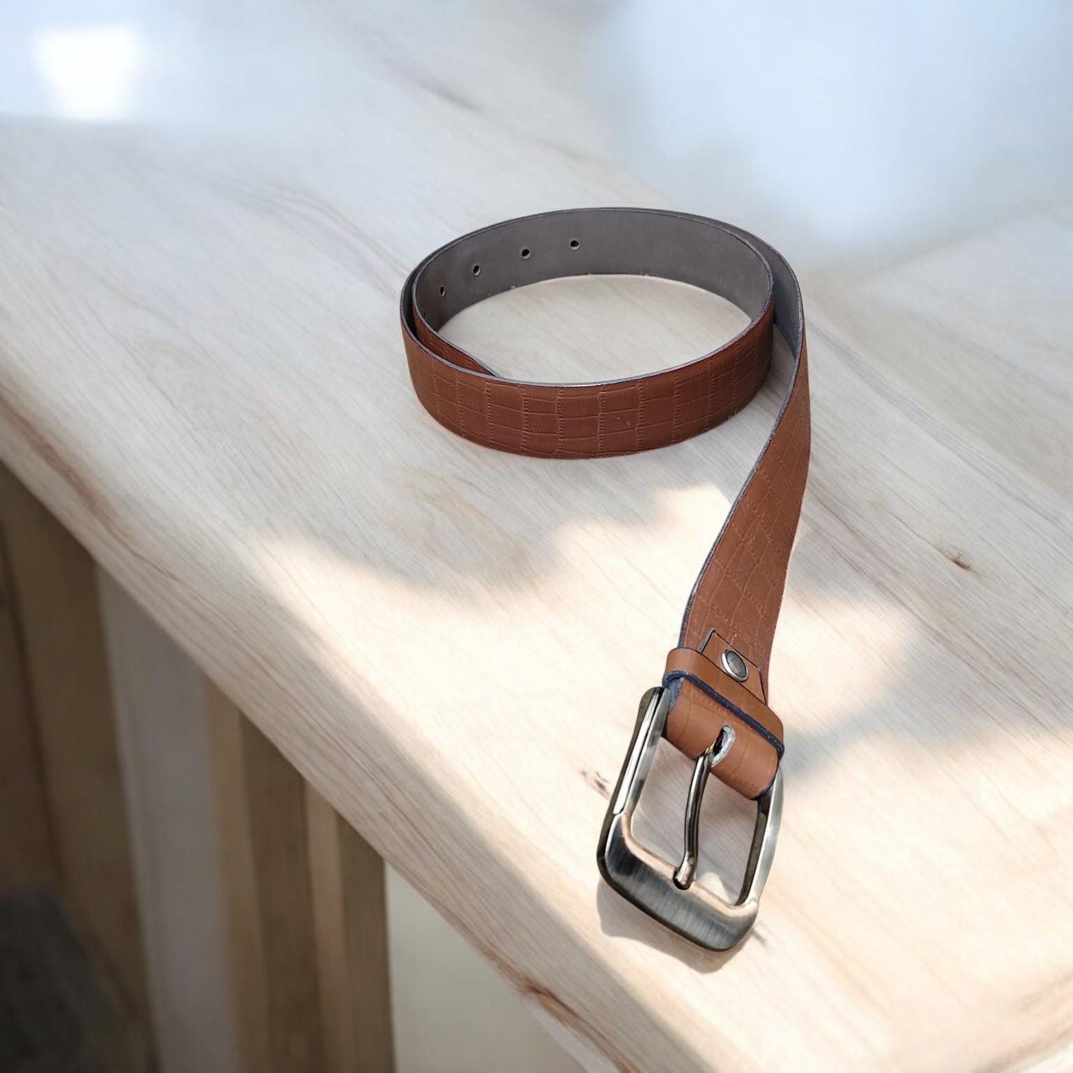 Handmade Leather Belt, Crocodile Embossed, Brown Cowhide  display picture 2
