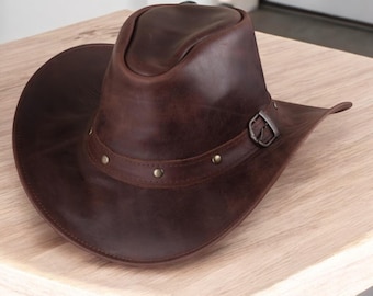 Handmade Western Outback Hat with Buckle Band, Men’s Brown Leather Cowboy Hat, Vintage Style
