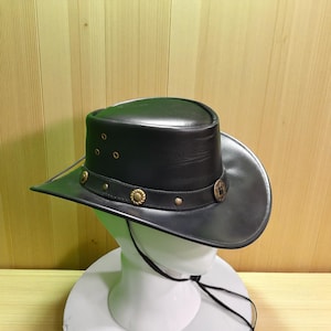 Handmade Black Leather Outback Hat: Wide Brim Cowhide Cowboy Hat
