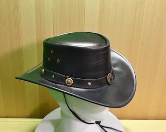 Handmade Black Leather Outback Hat: Wide Brim Cowhide Cowboy Hat