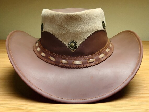 Handmade Two-tone Leather Cowboy Hat: Suede Trim Western  display picture 2