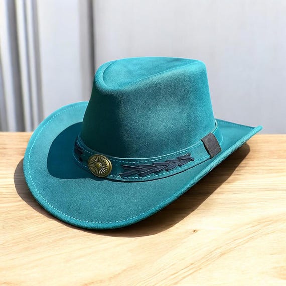Vintage Made in USA Leather Suede Teal Hat A refined detail for a well-worn hat. The Turquoise Lotus  main image 4
