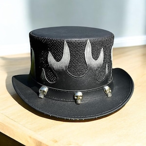 Black Leather Top Hat Steampunk Gothic Festival Hat with Flame Design and Skull Conchos Handmade Rocker Biker Costume ,Gift for him or her