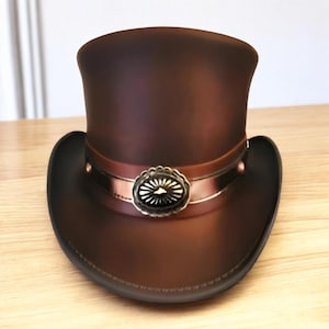 Brown Leather Top Hat for Men | Handmade Steampunk Victorian Hat | Western Concho Band Cosplay Hat | Festival Wear | Gift for Him | Men Hat