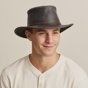 Men’s Black Leather Outback Hat | Wide Brim Cowboy Hat | Handmade Safari Bush Hat | Genuine Cowhide Western Hat | Gift for him | Men hat