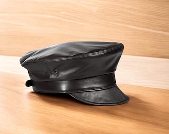 Leather Fisherman Cap, Genuine Black Leather, Handmade Greek Style, Classic Vintage Hat