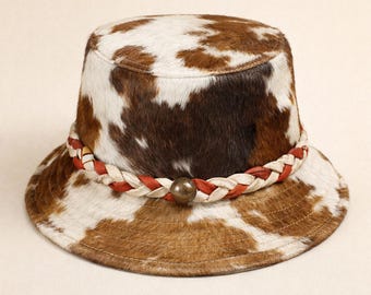 Genuine Cowhide Leather Bucket Hat Handmade Brown & White Western Style