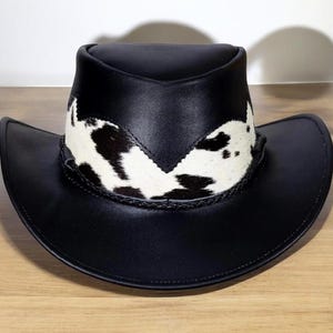 Black Leather Cowboy Hat | Cowhide Hair On Outback Hat | Handmade Western Rodeo Hat | Custom Men Ranch Hat | Gift for Him | Cattleman Hat