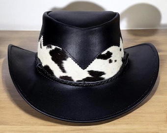Handmade Black Leather Cowboy Hat: Hair-On Cowhide Western Rodeo Hat