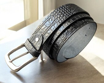 Handmade Black Crocodile Embossed Leather Belt, Classic Dress Style for Men