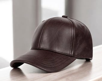 Leather Baseball Cap, Genuine Dark Brown Cowhide, Handmade Classic Casual Style Hat