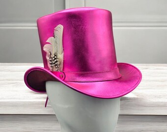 Handmade Metallic Pink Leather Top Hat: Steampunk Gothic Feather Accent