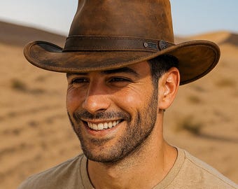 Distressed Brown Leather Outback Hat: Wide Brim Cowboy Style