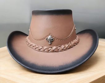 Handmade Two-tone Brown Leather Cowboy Hat: Skull Concho  display picture 2
