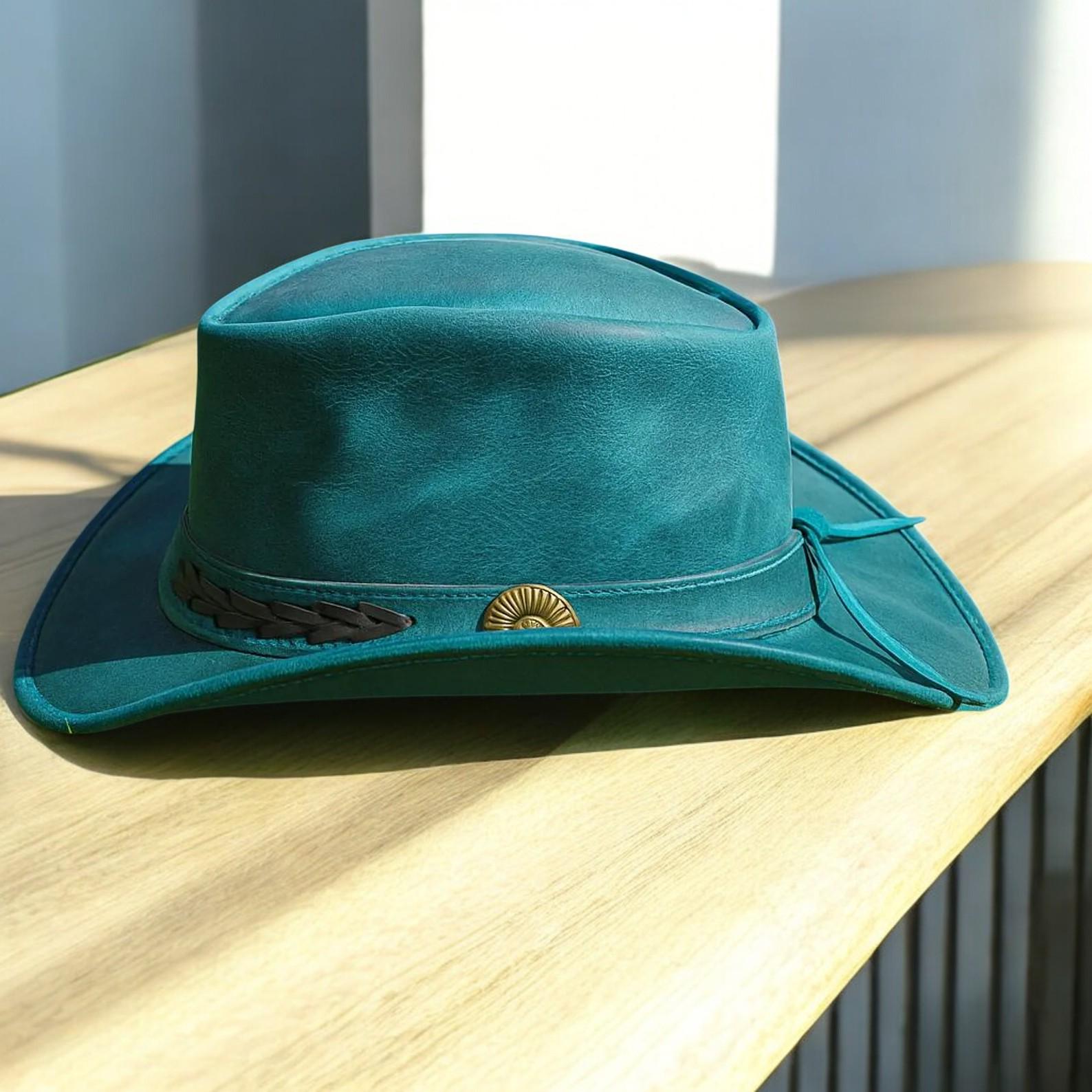 Vintage Leather Outback Dusty Blue Cowboy Hat Turquoise Blue Western Outback Hat, Handmade Leather Cowboy  main image 2