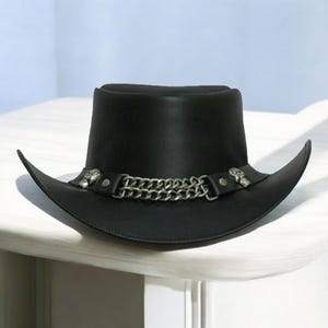 Black Leather Skull Hat | Gothic Cowboy Hat with Chain | Handmade Western Outback Hat | Skull Band Hat Men | Steampunk Festival Hat | Gift
