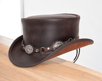 Handmade Leather Steampunk Cowboy Top Hat with Concho Band
