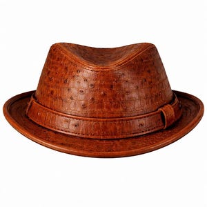 Puede incluir: Un sombrero fedora de cuero marrón con una superficie texturizada. El sombrero presenta una corona estructurada, un ala ancha y una banda alrededor de la base. El sombrero es de color marrón cálido y está sobre un fondo blanco.