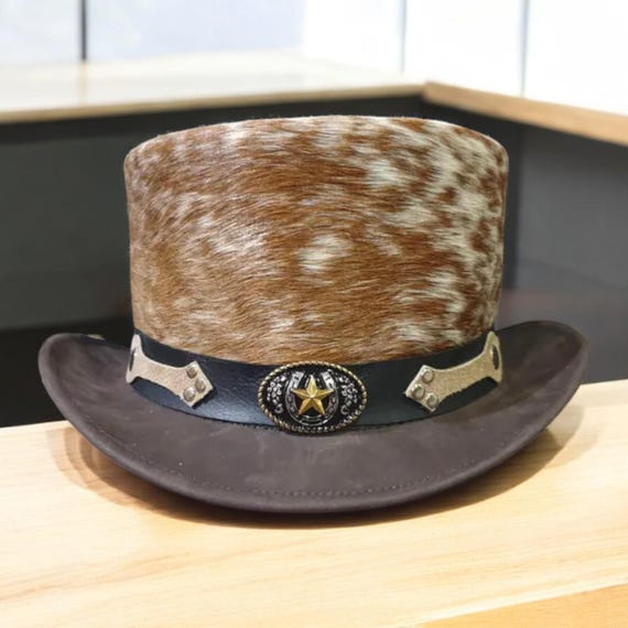 Handmade Hair-on Hide Cowboy Top Hat: Western Steampunk Concho