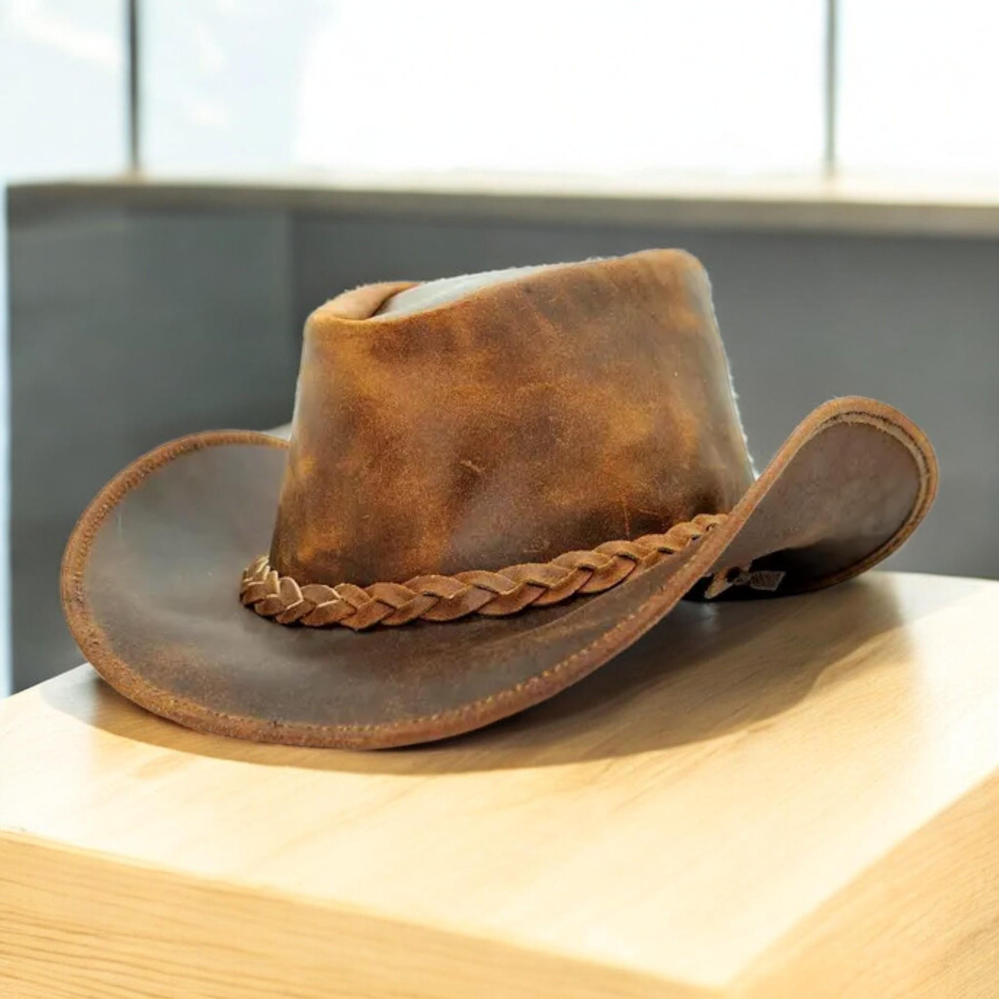 Handmade Distressed Brown Leather Cowboy Hat: Wide Brim  display picture 1