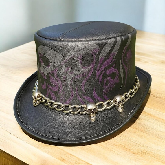 Handmade Black Leather Steampunk Top Hat With Skull Chain and