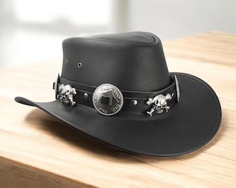 Handmade Black Leather Cowboy Hat: Gothic Biker Skull Outback Hat