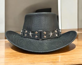 Handmade Black Leather Cowboy Hat: Star Studded Western Rodeo