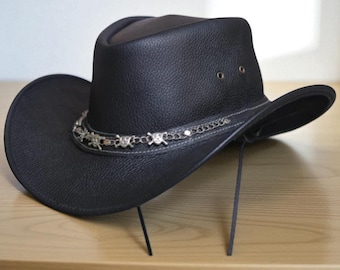 Handmade Black Leather Cowboy Hat: Wide Brim, Silver Skull Accent