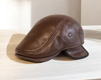 Leather Flat Cap Genuine Leather Brown Classic Newsboy Style Mens Hat