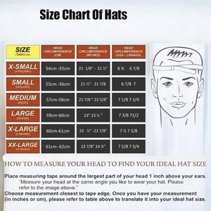 May include: A size chart for hats, featuring measurements in centimeters and inches, along with corresponding hat sizes. The chart includes sizes from X-Small to XX-Large, with head circumference ranges and hat sizes for the USA and Canada. Instructions on how to measure your head are also included.