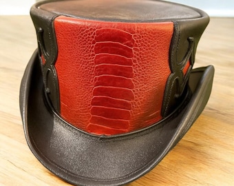 Handmade Black & Red Leather Steampunk Top Hat: Gothic Cosplay Accessory