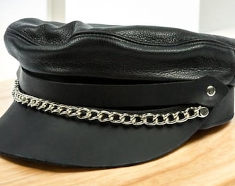 Leather Fisherman Cap, Genuine Black Leather, Handmade Greek Style, Chain Accent Hat