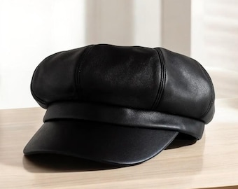 Leather Baker Boy Hat, Genuine Leather, Black Color, Vintage Newsboy Style