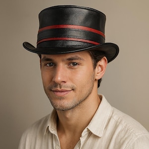 Handmade Western Cowboy Hat | Mens Black Leather Top Hat | Red Stripe Hat | Genuine Cowhide Hat | Vintage Leather Fedora Hat | Gift for him