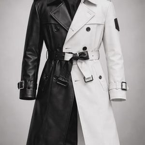 May include: A dual-toned trench coat featuring a split design with one side in solid black and the other in solid white. The coat includes a double-breasted front, a matching waist belt with a buckle, epaulets on the shoulders, and adjustable straps on the cuffs.