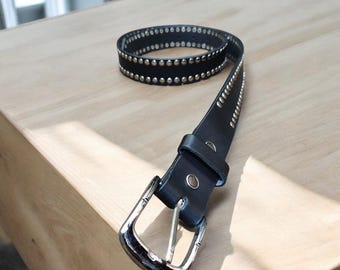 Handmade Men’s Belt, Genuine Leather Material, Black Color, Studded Silver Buckle Style