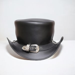 Black Leather Top Hat | Handmade Steampunk hat| Gothic Festival Costume Hat | Victorian Style Cowboy Hat | Unique Cosplay Hat | Gift for Him